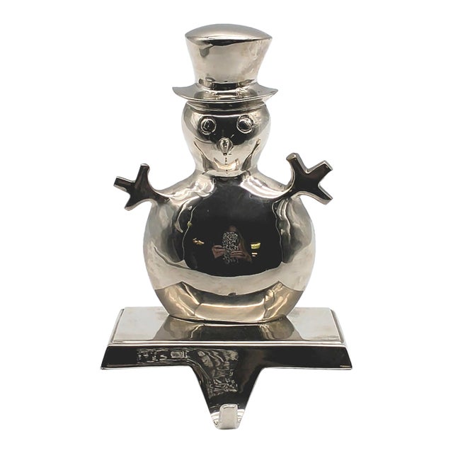 Heavy Vintage Silver-Tone Snowman Stocking Holder For Sale
