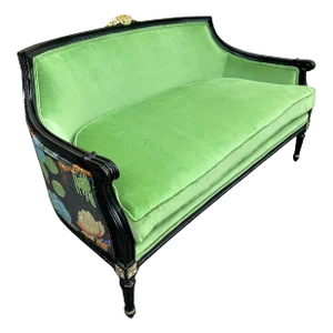 1960s Mid-Century Black Lacquer & Gilt French Settee Green Velvet