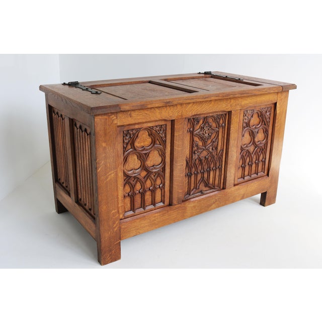Antique 19th Century French Gothic Revival Blanket Chest in Carved Oak and Forged Iron, 1880 For Sale - Image 14 of 14
