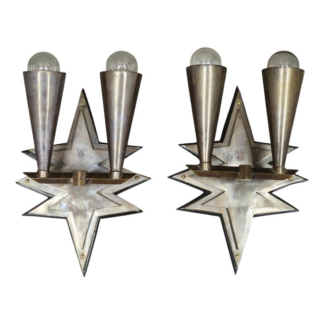 Czech Cubist Brass Wall Lights, Czechoslovakia, 1920s, Set of 2 For Sale