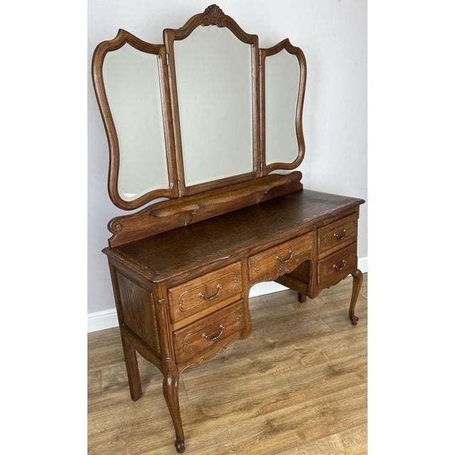 Vintage French Oak Dressing Table with Mirror For Sale - Image 3 of 16