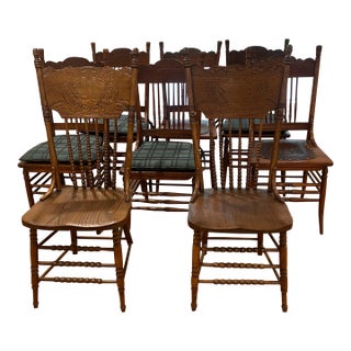 Early 1900's Oak Pressed Back Spindle Chairs - Set of 8 For Sale