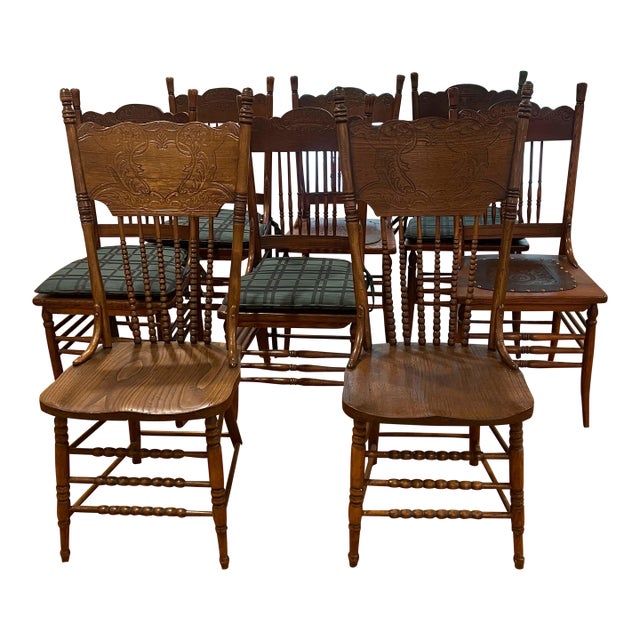 Early 1900's Oak Pressed Back Spindle Chairs - Set of 8 For Sale