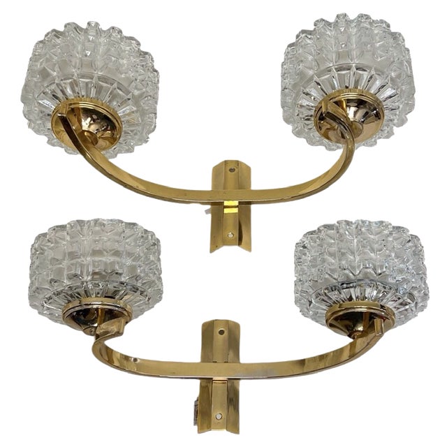 French Brass and Glass Double Wall Lamps in the style of Lidokov, 1960s, Set of 2 For Sale