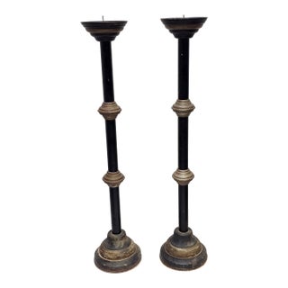 Pair of Early 20th Century Patinated Iron and Ebonized Metal Prickets Candleholders Torcheres For Sale