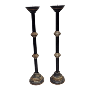 Pair of Early 20th Century Patinated Iron and Ebonized Metal Prickets Candleholders Torcheres