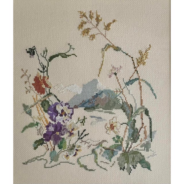 Vintage mid-century botanical landscape cross stitch needlepoint, framed and matted under glare-free glass. Feels...