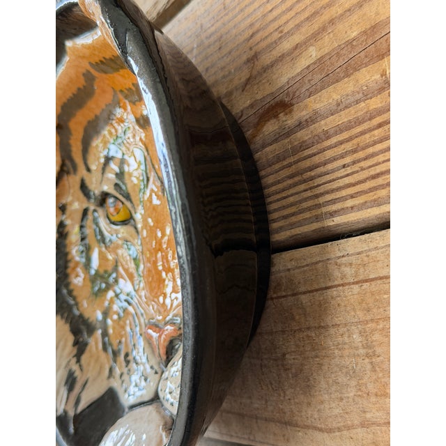 Black Vintage Italian Glazed Terracotta Tiger Wall Plate | Sculptural Ceramic Wall Art For Sale - Image 8 of 12