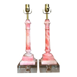 Vintage Pink Marble Carved Column Lamps - A Pair For Sale
