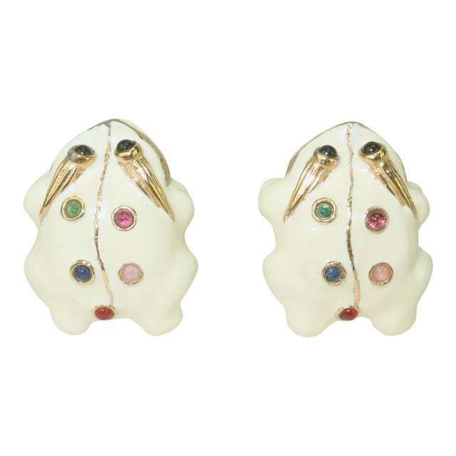 Late 20th Century Judith Leiber Enamel Frog Earrings With Glass Cabochon Stones, a Pair For Sale