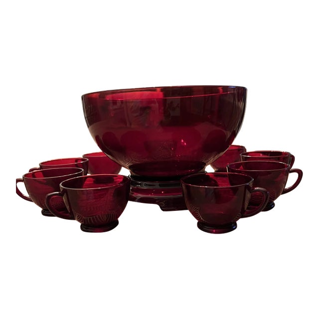 Vintage Royal Red Punch Bowl With Cups and Pedestal- 11 Pieces For Sale
