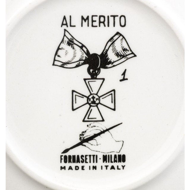 Piero Fornasetti Mid 20th Century Fornasetti "Al Merito" Porcelain Coasters, 7 For Sale - Image 4 of 17