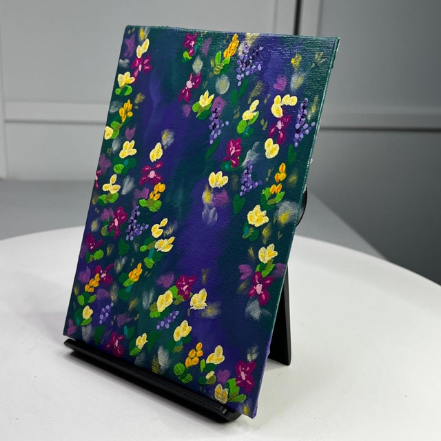 Contemporary "Purple Scene Flowers" Multi-Color Floral Wall Art Acrylic Painting 5" X 7" For Sale - Image 3 of 7