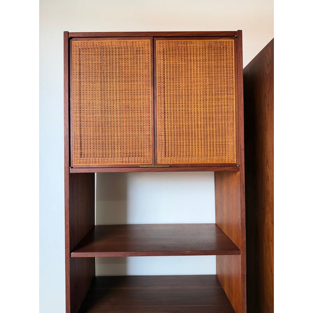 1960s Mid-Century Modern Jack Cartwright for Founders Furniture Walnut & Cane Storage Cabinets – A Pair For Sale - Image 11 of 16