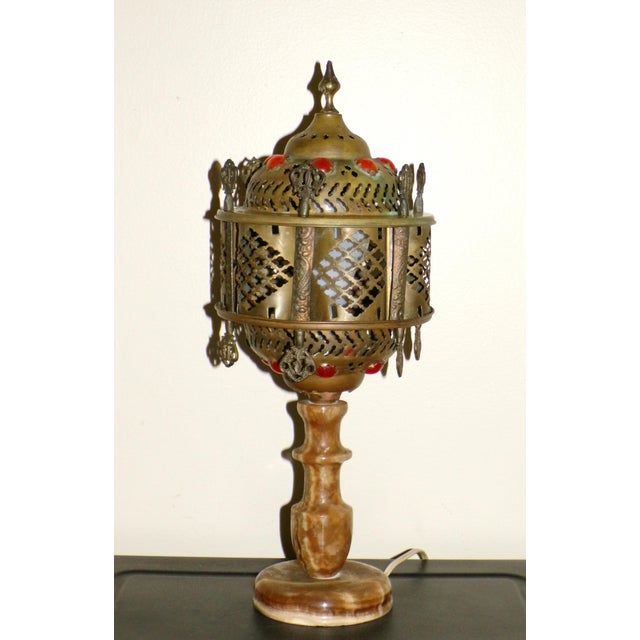 Turkish Vintage Moroccan Middle Eastern Turkish Jeweled Brass Table Lamp Marble Base For Sale - Image 3 of 16