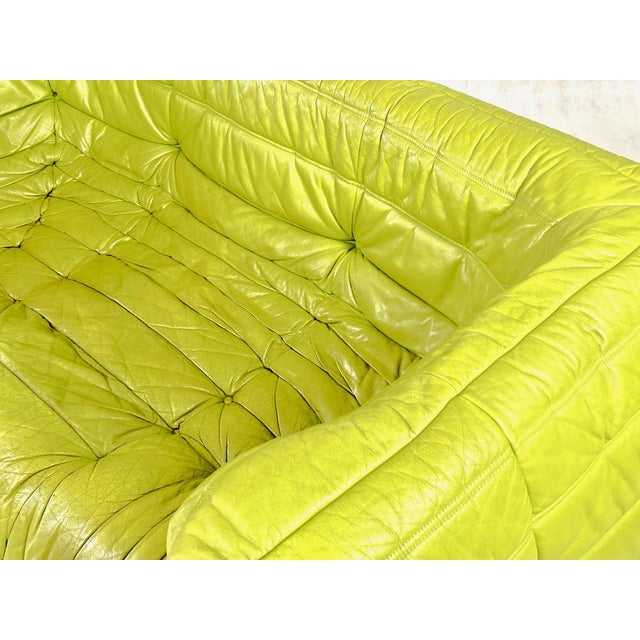 Forest Green Vintage 3-Seat Togo Sofa with Arms in Green Leather by Michel Ducaroy for Ligne Roset, 2012 For Sale - Image 8 of 16