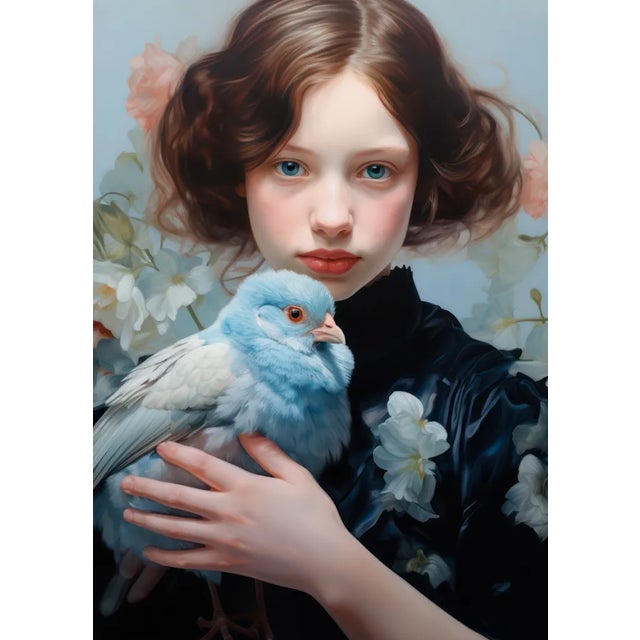Presenting a poignant piece of art, "Serene Maiden with Dove," sized at a versatile 9”x12” for perfect placement in any...