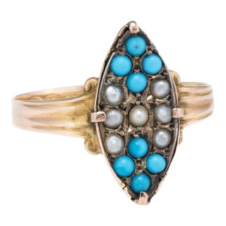 Victorian circa 1896 Seed Pearl Turquoise Ring Vintage 15 Karat Yellow Gold size 9 For Sale