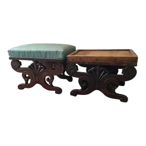 19th Century American Empire Classical Boston Carved Mahogany Bench Stools - A Pair