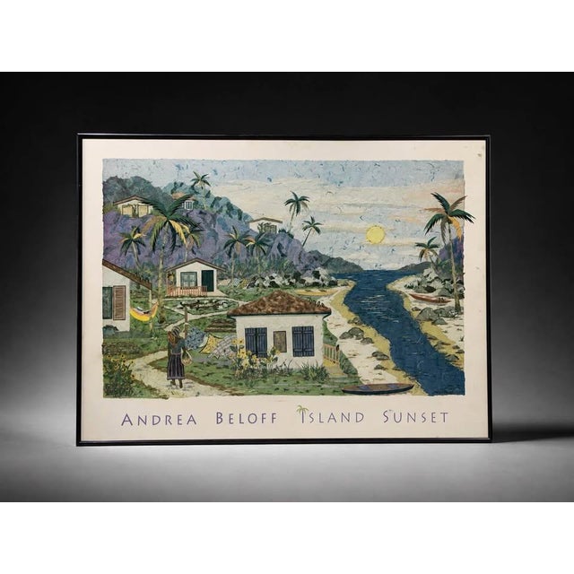 Vibrant framed art poster by Andrea Beloff titled “Island Sunset.” The piece features a tropical coastal village scene...