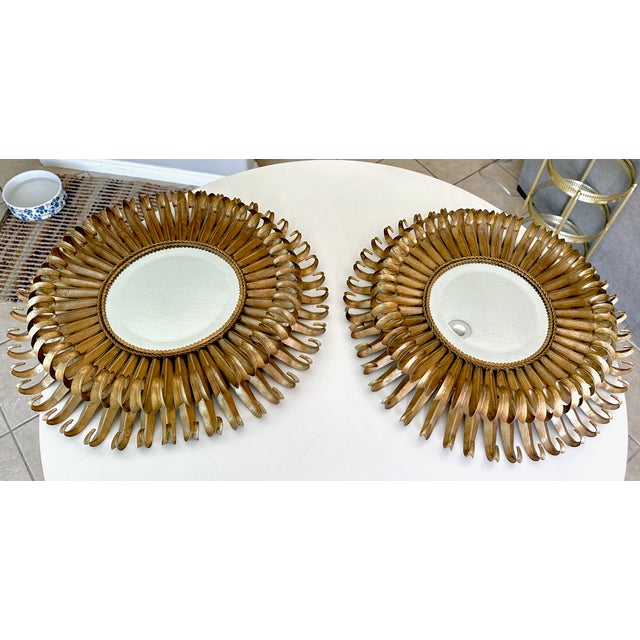 French Pair Gilt Metal Eyelash Sunburst Convex Wall Mirrors For Sale - Image 3 of 18