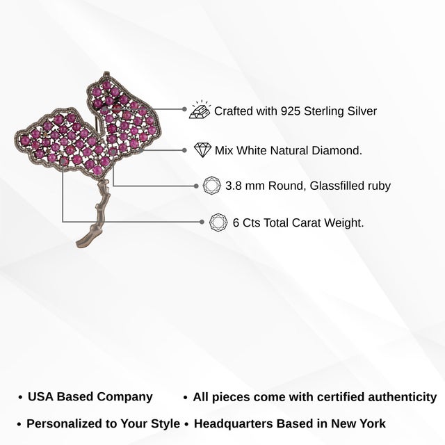 Art Deco Style Tutti Frutti Ruby & Diamond Ginkgo Leaf Brooch Pendant in Sterling Silver For Sale - Image 12 of 15