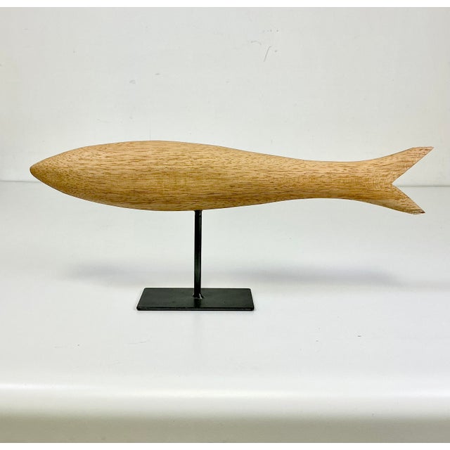 1970s 1970s Vintage Arts & Crafts Boho Chic Coastal Hand Carved Oak Fish Sculpture, Steel Museum Mount For Sale - Image 5 of 13