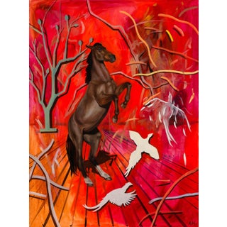 Red Storm by Robin Hextrum | Oil on Canvas Horse rearing with birds in a vibrant red background. For Sale
