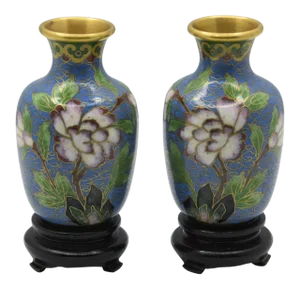 1960s Miniature Chinese Cloisonne Urn Vase on Stands - Set of 2