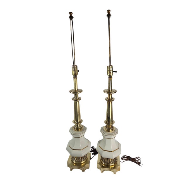 1960s Stiffel Brass and Porcelain Table Lamps, a Pair For Sale - Image 9 of 15