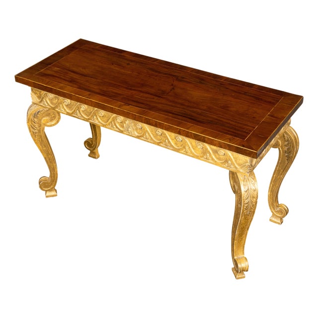English 1800s Giltwood Console Table with Mahogany Top and Vitruvian Scrolls For Sale
