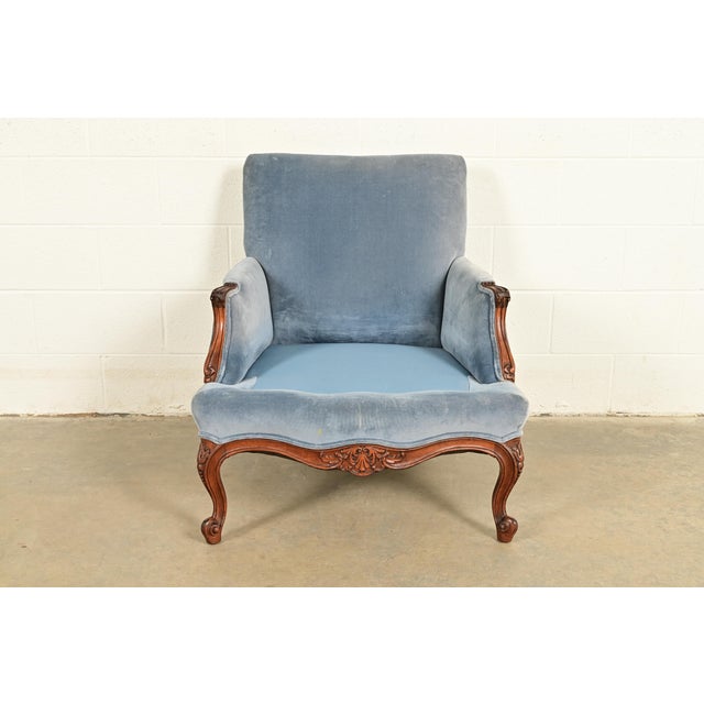Blue Baker Furniture Style French Provincial Louis XV Carved Walnut Velvet Upholstered Lounge Chair and Ottoman | Circa 1960s For Sale - Image 8 of 16
