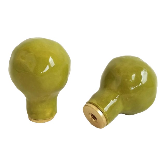 Pair of Round, Handmade Ceramic Lamp Finials, Avocado Green For Sale