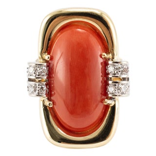 Vintage 18k Yellow Gold 3.84ctw Cabochon Salmon Coral Diamond Cocktail Ring, Size 7.5 For Sale
