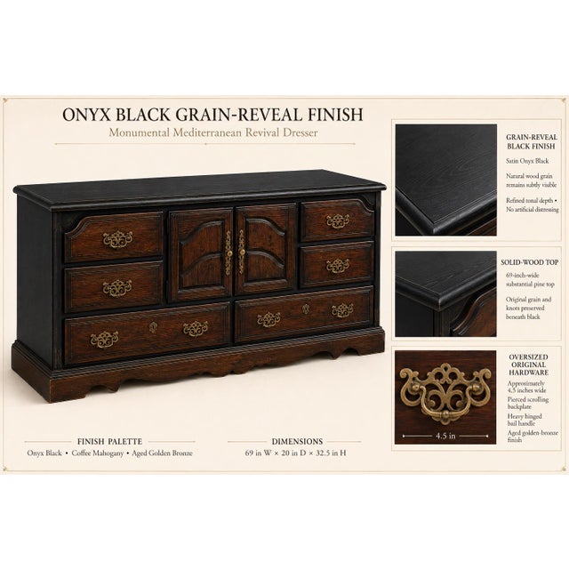 1960s Monumental Mediterranean Revival Solid Pine Dresser in Onyx Black & Coffee Mahogany For Sale - Image 4 of 7