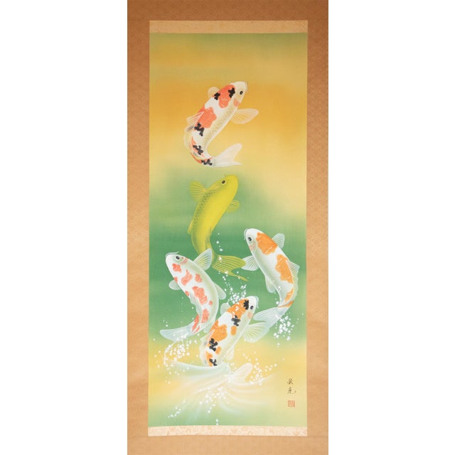 Fantastic large Japanese silk scroll painting "Dancing Carps" by Akimitsu Sataka (佐高 秋光). Signed by the artist: “Akimitsu...