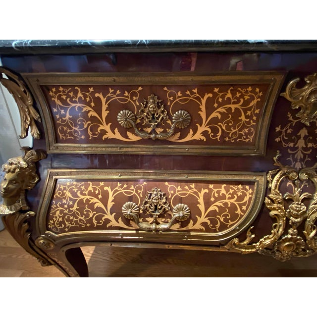 19th Century Antique Louis XV Style Tortoiseshell Boulle Marquetry Commode Console With Marble Top For Sale - Image 9 of 11