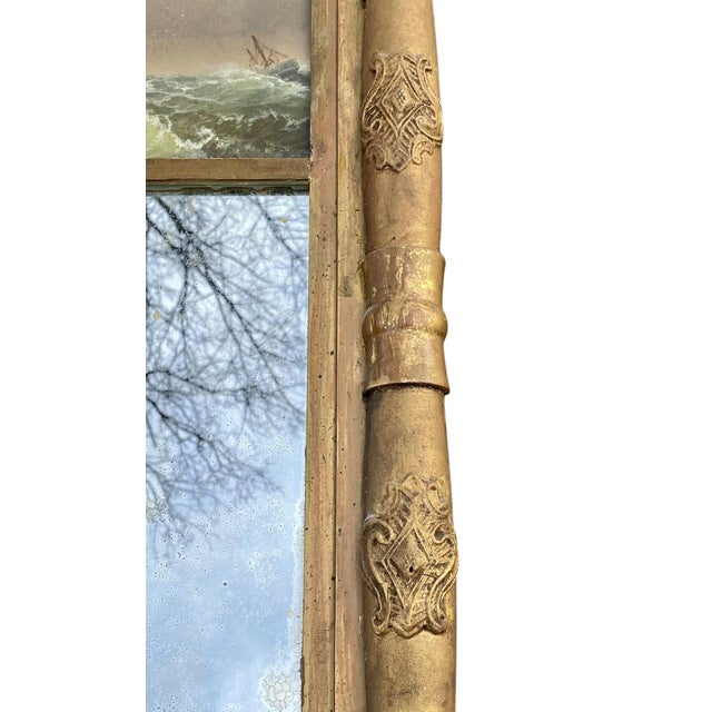 Wood Antique Sheraton Giltwood Mirror With Lyre Frame & Coastal Seascape Oil Painting For Sale - Image 7 of 10