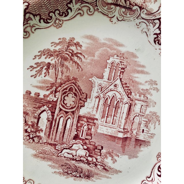 Pink, Crimson and Ivory Staffordshire Transferware Abbey 1790 Plate For Sale - Image 4 of 6