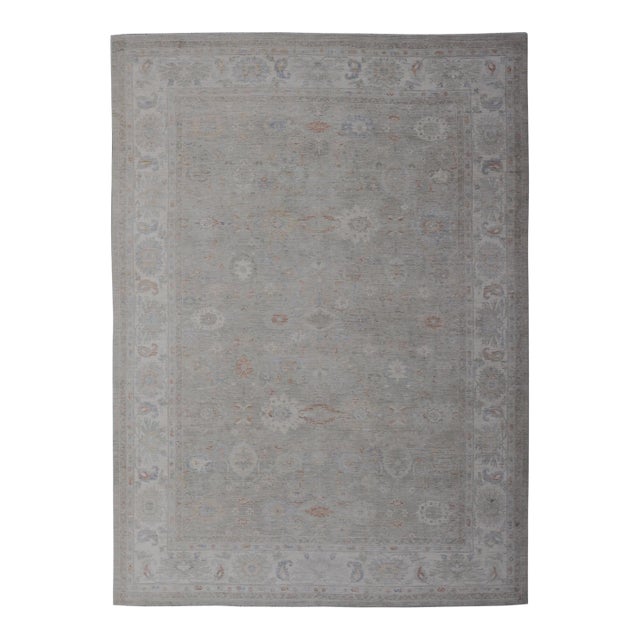 Oushak Rug With Muted Sage Green Base and Subtle Pastel Accents 13'6 X 19'0 For Sale