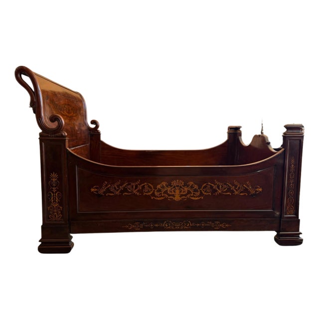 19th Century Italian Carved Inlaid Mahogany Burl Full Bed For Sale