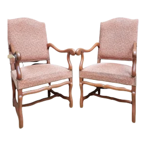 Early 20th Century French Louis XIII Style Walnut Os de Mouton Chairs with Scrolling Arms - a Pair