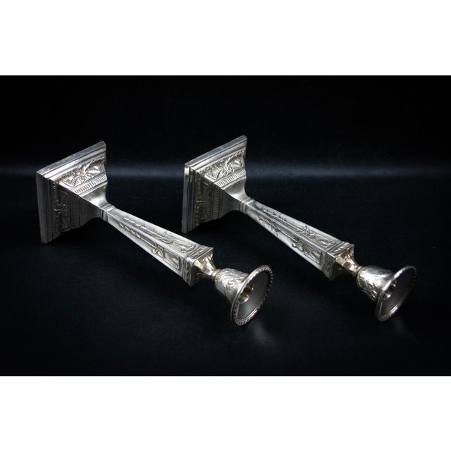 Early 20th Century Neo-Classical Adam Revival Silver-Plated Metal Candlesticks, Europe, Set of 2 For Sale - Image 10 of 13