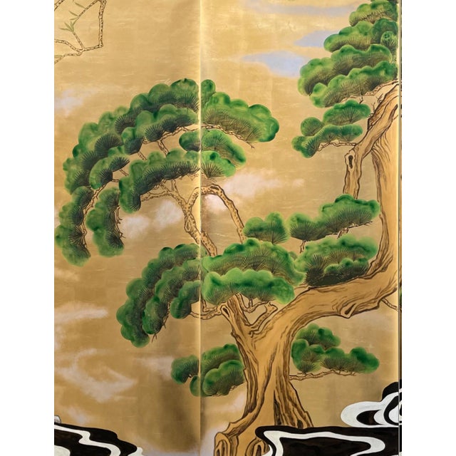 Gold Leaf Japanese Style Crane & Pine Hand-Painted Wall Panels (Set of 10) For Sale - Image 4 of 4