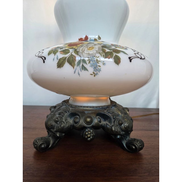 Late 19th Century Antique Victorian Milk Glass Floral Electrified Oil Lamp W/ Spelter Base For Sale - Image 5 of 9
