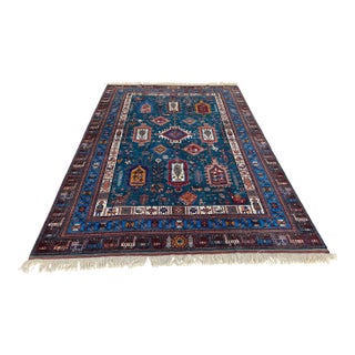 Vintage Teal Wool Kazak-Style Tribal Rug 9 X 13 For Sale
