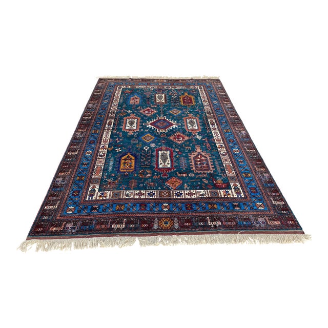 Vintage Teal Wool Kazak-Style Tribal Rug 9 X 13 For Sale