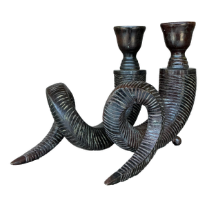 Vintage Boho Patinated Metal Curly Horn Candlesticks - A Pair