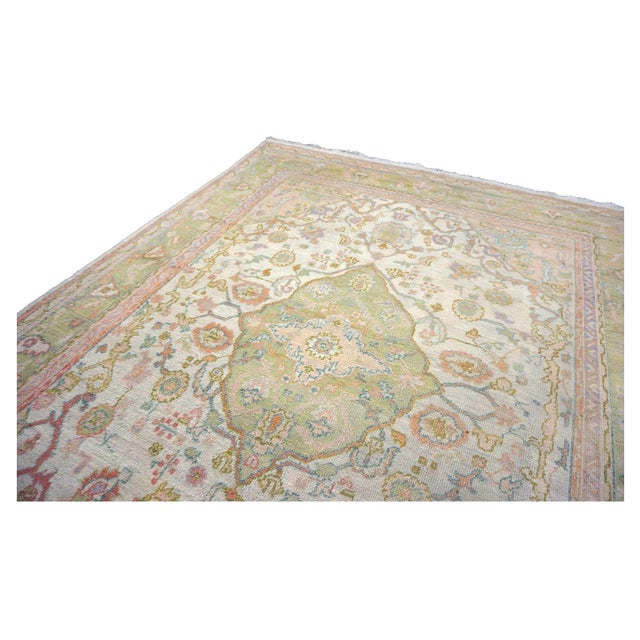 Textile Antique Turkish Oushak Wool 10x13 Olive, Ivory, & Pink Handmade Area Rug #1144268 For Sale - Image 7 of 15
