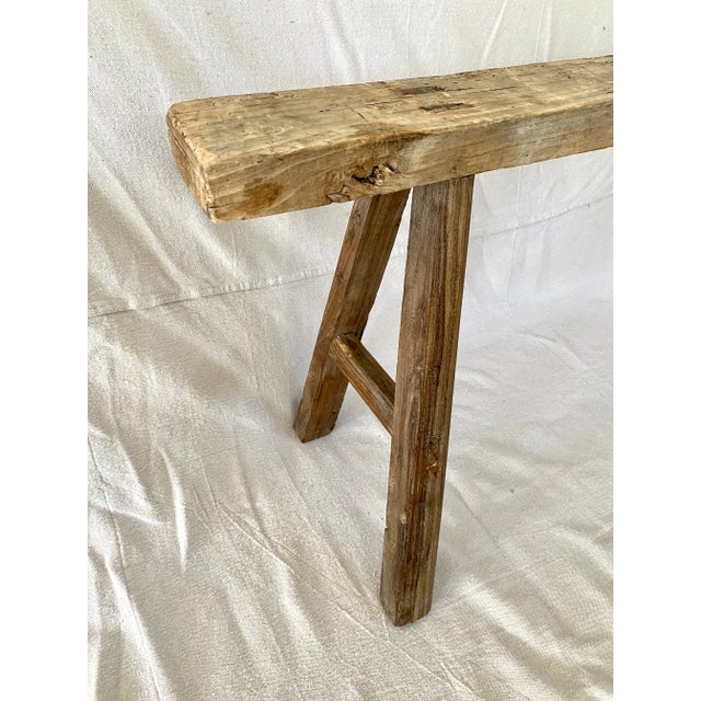 Farmhouse Rustic Elm Wood Skinny Bench For Sale - Image 3 of 9